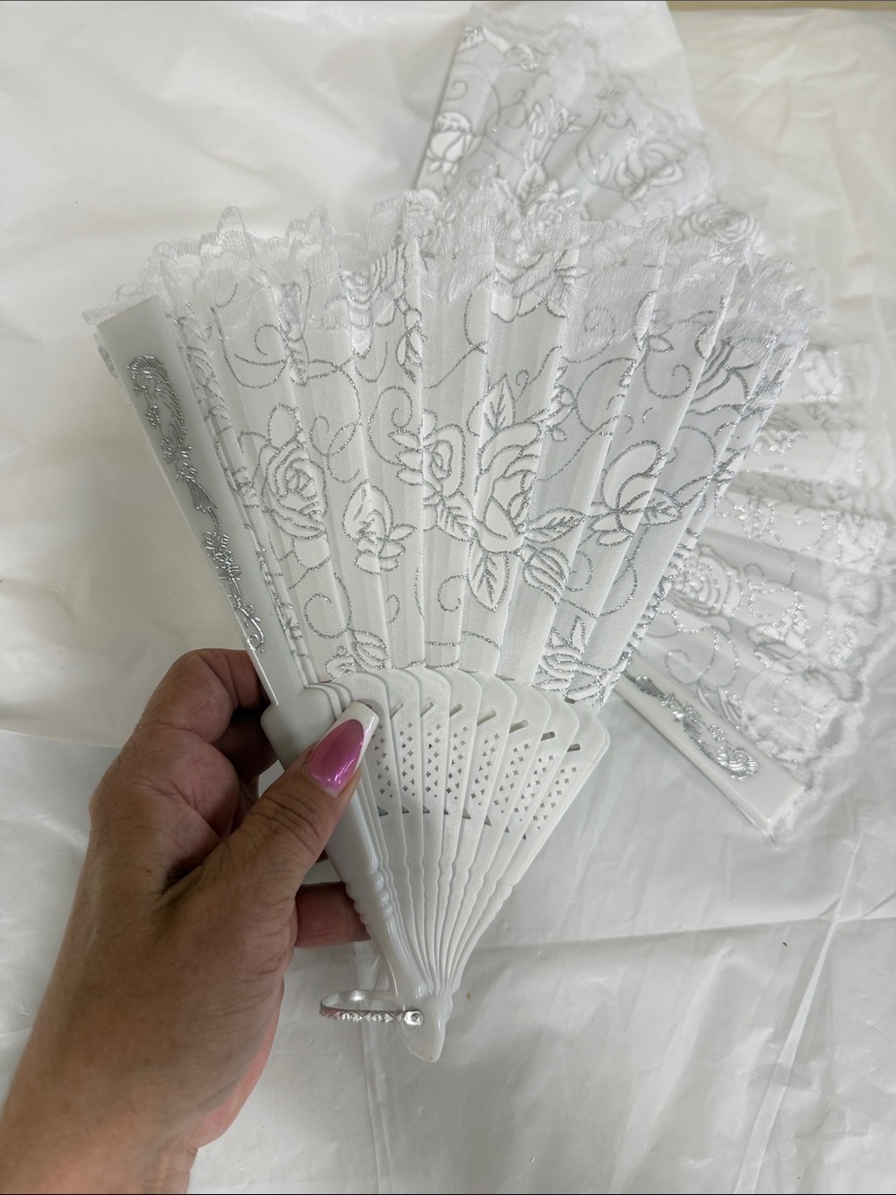 Lot of TWO - Elegant White Lace Folding Hand Fans by